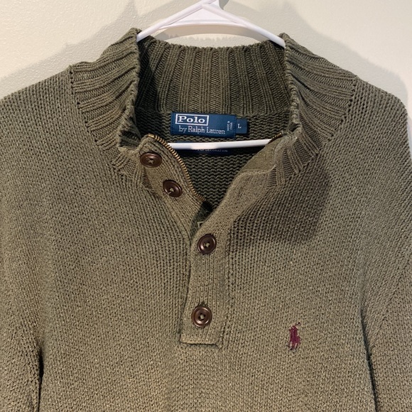 Olive Green Polo Pullover Sweater with buttons - Picture 2 of 4